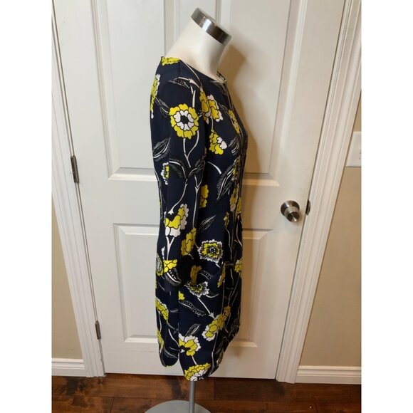 Boden Navy Blue, Cream & Yellow Floral 3/4 Sleeve Shift Dress, Size 6R - Picture 2 of 5